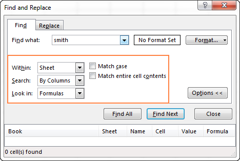 Short key for search in excel